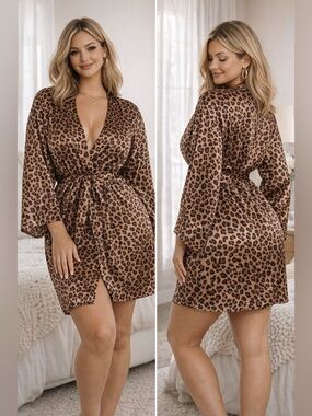 Morgan Taylor Intimates Leopard Print Satin Robe - Tan & Black Size XXL